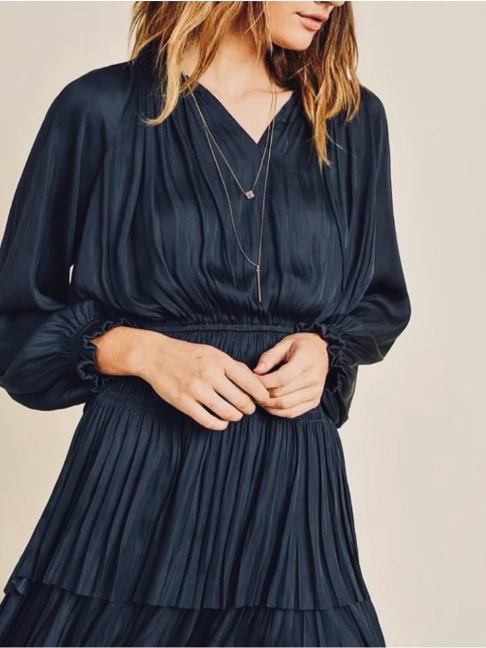 Aeom Navy Blue Long Sleeve Ruffle V-Neck Dress Size Small